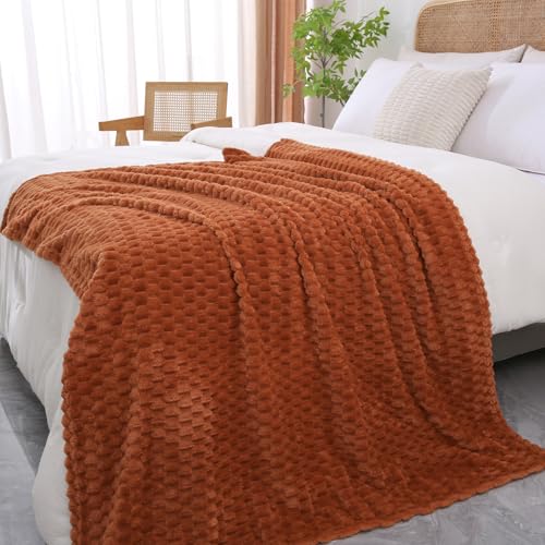Puncuntex Burnt Orange Throw Blanket 108"×90" Fuzzy 3D Jacquard Decorative | Flannel Fleece Super Soft Plush Cozy Blanket for Couch Sofa Chair Lightweight - color: Burnt Orange, size: 108"×90”