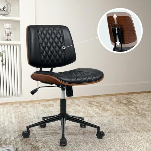Home Office Desk Chair with Swivel Wheels, Ergonomic Adjustable Height Small Office Chair, Premium PU Leather Armless Computer Chair for Home Office, Reading Meeting Room, Modern Walnut Style (Black) - color: Mcm Style-black