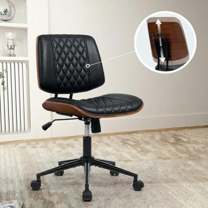 Home Office Desk Chair with Swivel Wheels, Ergonomic Adjustable Height Small Office Chair, Premium PU Leather Armless Computer Chair for Home Office, Reading Meeting Room, Modern Walnut Style (Black) - color: Mcm Style-black
