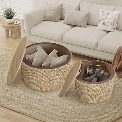 Nesting Coffee Table Set of 2, Rustic Crate and Barrel Coffee Table, Hand-Woven Woven Nesting Tables with Soild Wood Cover for Living Room, Bedroom - color: Beige White（under Cool Light）