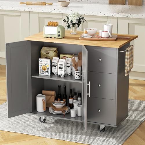 JY QAQA 40" Kitchen Island Cart Furniture cart on Wheels Rolling Portable Dining Room Serving Utility Carts Mobile Movable with Drawers Cabinet,Grey - color: Grey, size: 40-IN