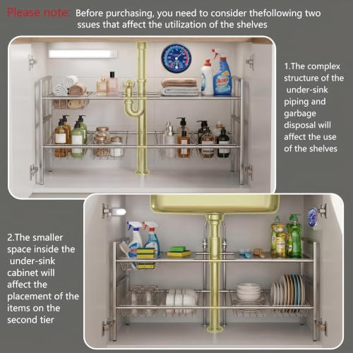 Under-Sink Organizer 2-Tier Expandable Cabinet Storage (5 panels 5baskets) | LED Motion-Sensing Auxiliary Lighting Dial Thermometer Stainless Steel Telescopic & Adjustable Rust-Resistant - size: 5 panels 5baskets