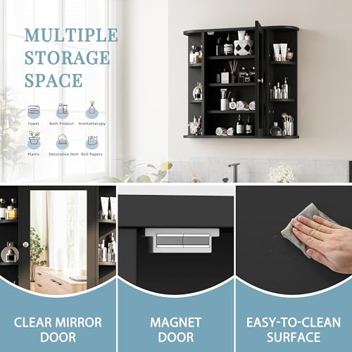 Shintenchi Bathroom Medicine Cabinet with Mirror, Wall Mounted, Black - color: Black
