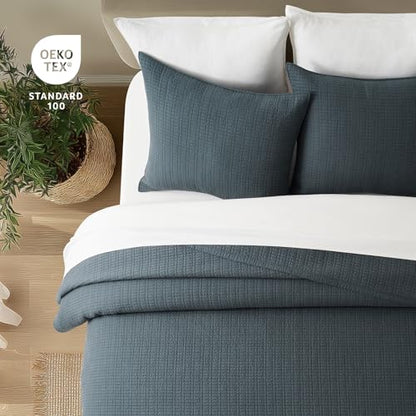 100% Cotton Modern Grid Stitch Quilt Set Queen Size Midnight Blue | Pre-Washed Cotton Coverlet Bedspread, Oversized Lightweight 3-Piece Bedding Set for All Season, with 2 Pillow Shams - color: Midnight Blue, size: Full/Queen (96" X 94")