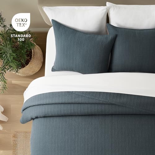 100% Cotton Modern Grid Stitch Quilt Set King Size, Midnight Blue | Pre-Washed Cotton Coverlet Bedspread, Oversized Lightweight 3-Piece Bedding Set for All Season, with 2 Pillow Shams - color: Midnight Blue, size: King (110" X 94")
