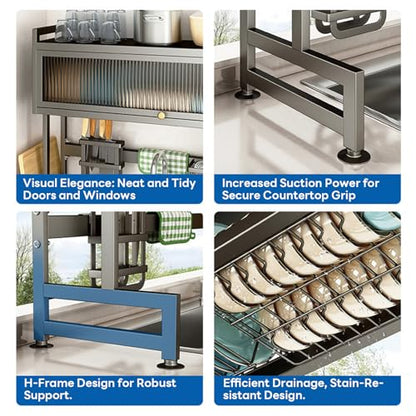 Hdrriozu Over the Sink Dish Drainer Drying Rack 3 Tier with Cover | Rust resistant built to last. Easy install simple tools. Holds all dishes glasses bowls. Space saving over sink tidy kitchen. - color: Matte gray