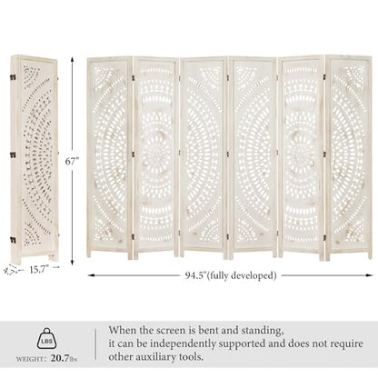 Svimi Room Divider Wood Carved Wall Divider Indoor Folding Bohemian Style Portable Partition Screen for Home Office Garden Terrace - 6 Panels (Antique, White-Washed)