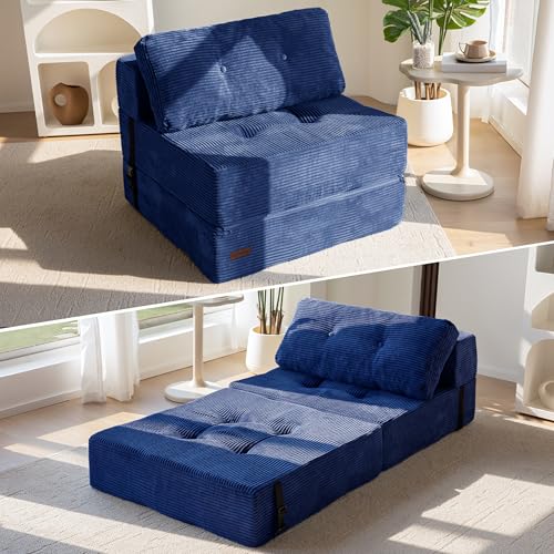 MAXYOYO Folding Sofa Bed, Convertible Chair Bed with Pillow | Portable 4 in 1 Fold Out Chair to Floor Bed, Versatile Floor Sofa Couch for Living Room Bedroom, Navy, Single - color: Navy, size: Single