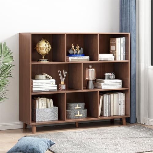 IOTXY Open Cube Low Bookcase - 3-Tier Freestanding Storage Display Cabinet Organizer with Legs for Home Office, 8-Cubes Open Shelf Short Bookshelf, Walnut - color: Walnut, size: 3-Tier 8-Cubes