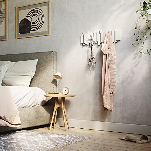 Umbra Sticks Wall Mount Coat Rack, 5 Hook Retractable Pegs, White | Mounting hardware included, sculptural modern design, entryway or bedroom use, recycled plastic - color: White, size: 5-Hook