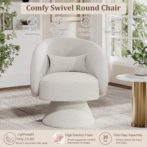 Swivel Barrel Chair Set of 2 , 360 Degree Small Accent Chair, Boucle White | Modern 360 Degree Swivel Barrel Chair Set, Comfy Small Vanity Accent Chair with Pillow for Living Room,Bedroom,Office - color: White
