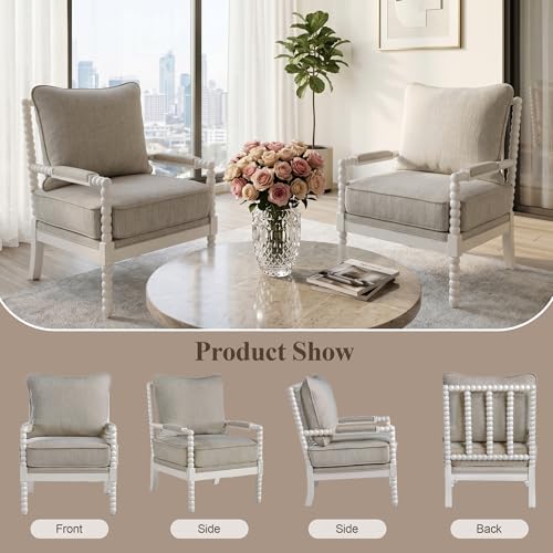 DUHOME Linen Fabric Spindle Accent Chair with Wood Frame,Spool Chairs with High Resilience Spring Cushion and Armrest Pads, Leisure Armchair for Living Room Bedroom Farmhouse Home Office Belcony - color: White+cream, size: 1 pc
