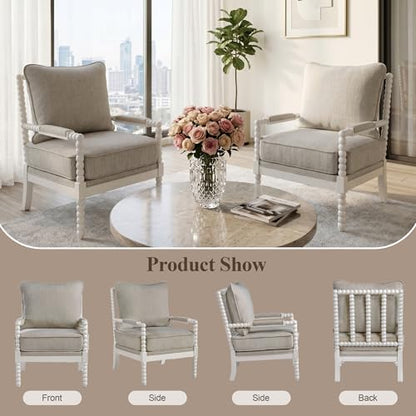DUHOME Linen Fabric Spindle Accent Chair with Wood Frame,Spool Chairs with High Resilience Spring Cushion and Armrest Pads, Leisure Armchair for Living Room Bedroom Farmhouse Home Office Belcony - color: White+cream, size: 1 pc