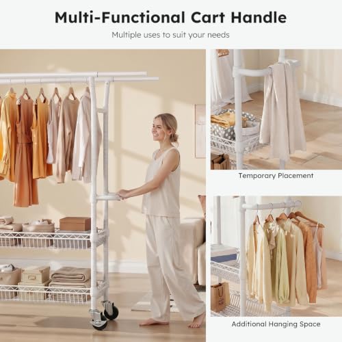 SOLEDI Heavy-Duty Clothes Rack, 1000 LBS clothing rack with wheels Load Capacity Double Rod Clothing Rack with Shelves & Lockable Wheels, Suitable for Bedroom, Entryway, Living Room & Garage (white) - color: White