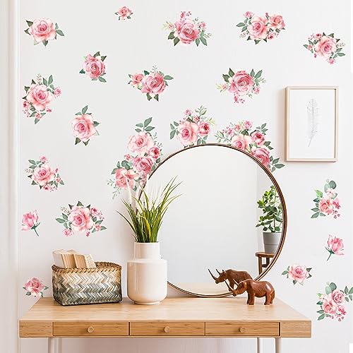 Pink Flowers & Green Leaves Wall Decals - Removable Peel & Stick Garden Floral Wall Stickers for Bedroom & Living Room - color: Pink