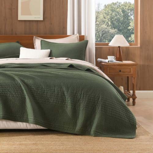 100% Cotton Queen Green Quilt Set, Striped Quilted Bedspread | Soft Lightweight Bedspreads Coverlets Set with 2 Pillow Shams, All Season Use, Soild Bedding for Bedroom, Guest Room, 90"x96" - color: 와이드스티치-아미 그린, size: 퀸(90 x 96인치)