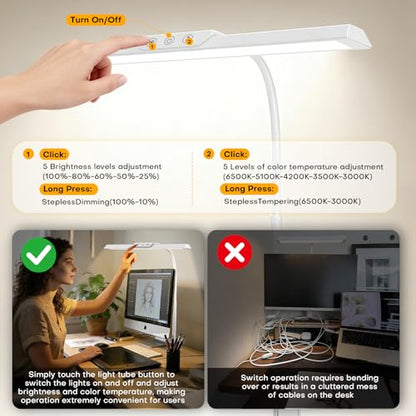 LED Desk Lamp for Office Home, Stepless Dimming Architect Desk Light with DC Adapter, Eye-Caring Desk Lamp with Clamp, 25 Lighting Modes Adjustable 12.8in Flexible Gooseneck for Workbench(White) - color: White