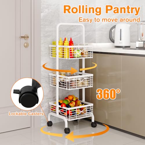 3 Tier Rolling Cart, Heavy Duty Metal Utility Cart with 4 Lockable Wheels & Handle, Multi-Purpose Storage Organizer for Kitchen, Bathroom, Laundry Room, Pantry, Office, Craft, Makeup (White) - color: White