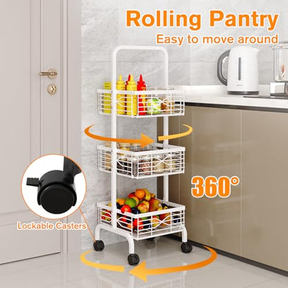 3 Tier Rolling Cart, Heavy Duty Metal Utility Cart with 4 Lockable Wheels & Handle, Multi-Purpose Storage Organizer for Kitchen, Bathroom, Laundry Room, Pantry, Office, Craft, Makeup (White) - color: White