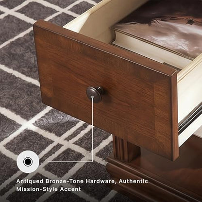 Signature Design by Ashley Breegin Narrow Chairside End Table | Rich dark brown wood veneers, Deep storage drawer with removable PVC tray, Compact 13-inch width fits tight spaces - color: Medium Brown