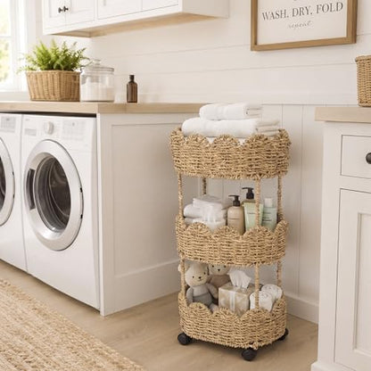 AceOrbit 3-Tier Scalloped Seagrass Rolling Cart Oval Seagrass Scalloped Storage Basket with Wheels for Nursery Caddy Utility Cart Storage Organization for Craft Bathroom Laundry Living Room