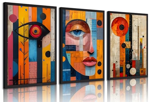 KYSNGMT Mid-Century Modern Canvas Wall Art, Unframed Abstract Posters | 3 Piece Geometric Face Prints for Living Room Bedroom Office, Colorful Cubism Aesthetic Room Decorations - color: Mid Century, size: 24"L x 16"W-Posters