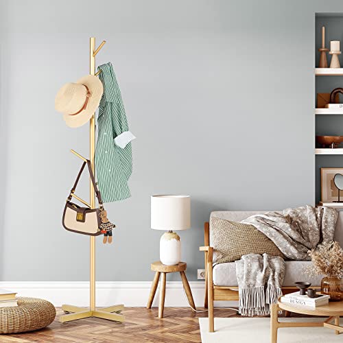 ZOZOE Coat Rack with 8 Hooks, Golden Adjustable Coat Rack Stand | Heavy Duty Coat Rack Freestand,Modern Coat Stand,Metal Clothes Tree Stand for Coats Bags Hats in Hallway Entryway - color: Golden