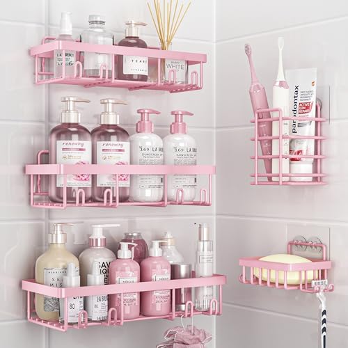 Liuoud 5 Pack Shower Caddy for Inside Shower, Pink Bathroom Decor Set | Large Rustproof Stainless Steel Organizer with Strong Adhesive, No Drilling Wall Shelves, Cute Girly Bathroom Accessories - color: Pink, size: Large