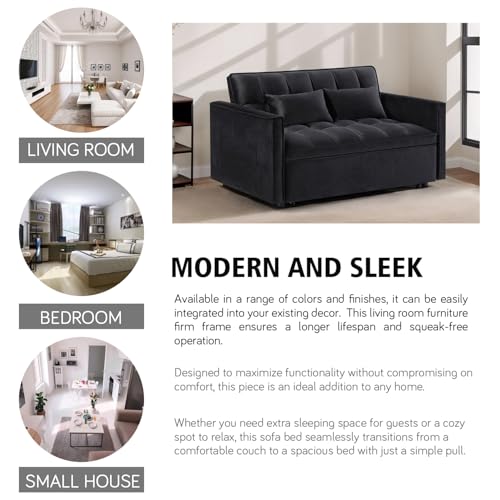 3 In 1 Velvet Convertible Sofa Bed, Pull Out Couch Bed with Reclining Backrest And 2 Pillows, 54" Full Size Loveseat Sleeper Sofa Futon Couch Beds, Couches For Small Spaces, Living Room (Black) - color: Black