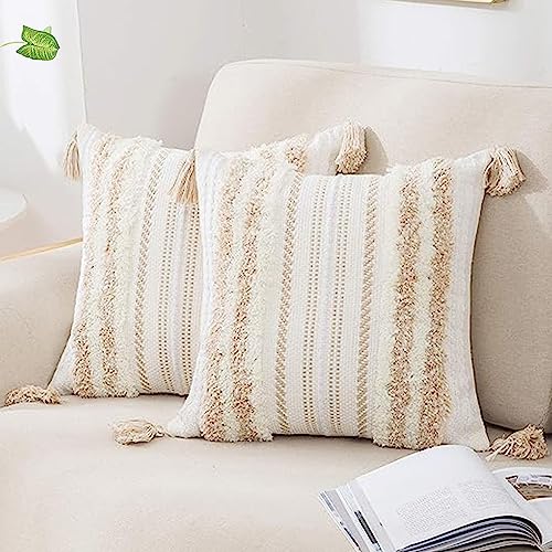 decorUhome Khaki and Cream White Throw Pillow Covers 18x18 Set of 2 | Decorative Boho Accent Neutral Tufted Modern Farmhouse Textured Pillow Covers for Couch Bed Sofa Living Room - color: Khaki and Cream White, size: 18" x 18" (Pack of 2)