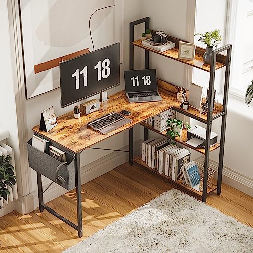 Treesland 55 Inch Computer Desk with Storage Shelves, L Shaped Desk with Storage, Corner Desk with Shelves, Home Office Desks, Bookshelf Desk, Writing Study Desk for Bedroom, Brown - color: Brown, size: 55 inch