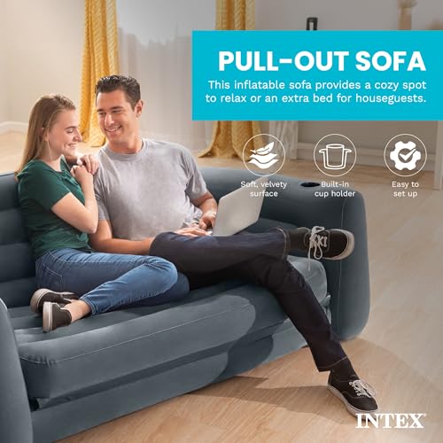 Intex Inflatable Pull-Out Sofa Bed with 2-Pack Lounge Chair and Ottoman Set | 66552EP Convertible Queen Airbed and 66551EP Portable Lounger for Bedroom, Dorm & Living Room (Pump Not Included)