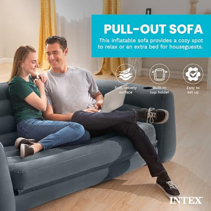 Intex Inflatable Pull-Out Sofa Bed with 2-Pack Lounge Chair and Ottoman Set | 66552EP Convertible Queen Airbed and 66551EP Portable Lounger for Bedroom, Dorm & Living Room (Pump Not Included)
