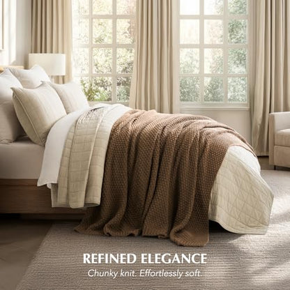 EVERGRACEHOME Chunky Chenille Knit Throw Blanket, 90 x 90, Camel Brown | Sculpted Moss Stitch, Chic Modern Farmhouse, All-Season Warmth, OEKO-TEX® Certified, Oversized Queen for Couch, Bed, Sofa - color: Camel Brown, size: 90" X 90"