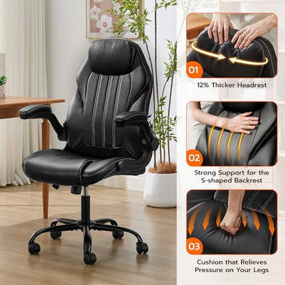 Ylzyxal Office Desk Chair, Ergonomic Computer Chair with Padded Flip-Up Arms and Adjustable Lumbar Support, PU Leather Executive Chair with Tilt Lock and 360° Swivel Rolling Wheels for Work, Study - color: Black