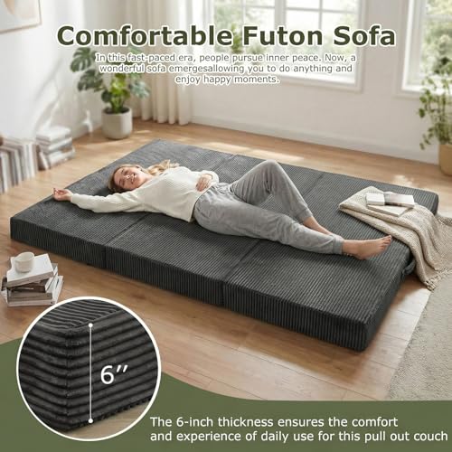 5-in-1 Convertible Sofa Bed, Boneless Loveseat, Tri-fold Futon Sofa Bed with Removable Cushions & Washable Cover, Pull Out Couch with Handle, for Small Spaces, Queen Size, Grey - color: Grey, size: Queen Size-80''L*60''W