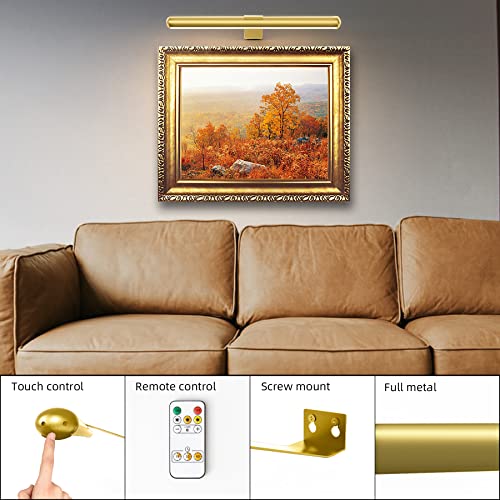 Battery Operated Picture Light Painting Light with Remote, 16'' Wall Art Gallery Display Light,Full Metal Dimmable 300LM Wall Light for Picture Painting Dartboard Gallery Art - color: Gold, size: 16inch Standard 1-Pack