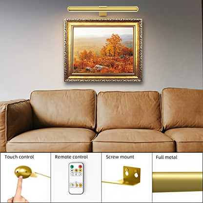 Battery Operated Picture Light Painting Light with Remote, 16'' Wall Art Gallery Display Light,Full Metal Dimmable 300LM Wall Light for Picture Painting Dartboard Gallery Art - color: Gold, size: 16inch Standard 1-Pack