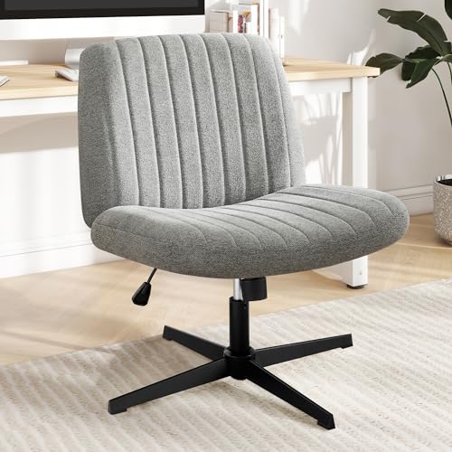 DUMOS Criss Cross Chair No Wheels Legged Office Wide Comfy Desk Vanity Chair, Armless Computer Task Seating, Swivel Home Height Adjustable for Bedroom, Study, Grey Fabric - color: Grey Fabric