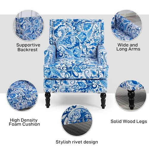 Accent Chair, Modern Comfy Mid-Century Anthropologie Accent Chairs | Linen Upholstered Wingback Lounge Arm Chair with Solid Wood,Single Floral Pattern Chair for Living Room/Balcony/Bedroom - color: Porcelain-sackcloth-001