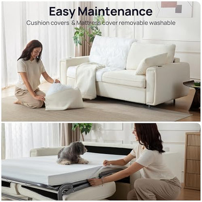 Pull Out Sofa Bed, No Cushion Removal, Queen Sleeper Sofa with USB Fast Charging, Memory Form Mattress, 2-in-1 Convertible Comfy Loveseat Couch Bed for RV, Apartment, and Small Spaces (White)
