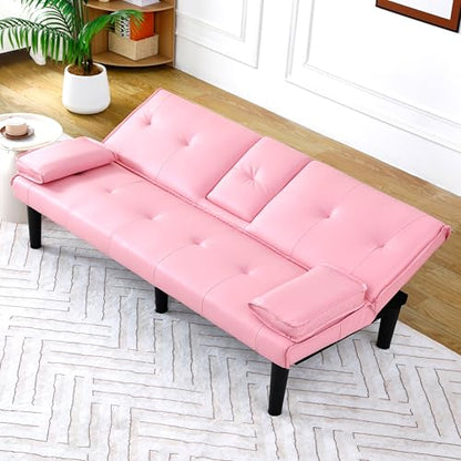 67" Futon Sofa Bed, Convertible Leather Futon Couch (Pink) | Sleeper Bed Couches with Adjustable Backrest, Cup Holders, Comfy Folding Loveseat Couch for Small Spaces Living Room Office - color: Pink