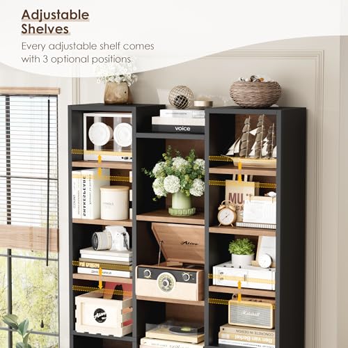 FOTOSOK 71'' H Bookshelf with 21 Cubes, Triple Wide Tall Bookshelf | 8 Tier Bookcase with 8 Adjustable Shelves, Large Bookshelf DVD/CD Media Tower Storage, Freestanding Display Shelf Cabinet - color: Black/Brown