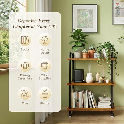 Industrial Bookshelf, Pipe Shelf Bookcase, 3 Tier, 30" Rustic Brown | Solid pine shelves, 30 inch wide, black pipe frame, 35 lbs per shelf, open bookcase for books, plants, office - color: Rustic Brown, size: 30"L × 39"H