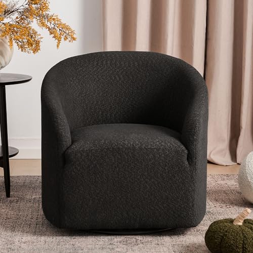 KINWELL 32" Wide Modern Boucle Swivel Barrel Chair, No Assembly Round Upholstered Swivel Accent Armchair for Living Room, Bedroom, Office (Black) - color: Black, style: Set of 1