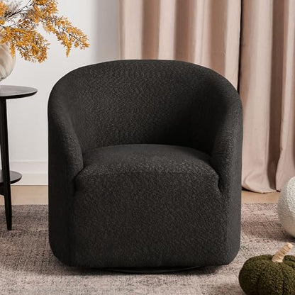 KINWELL 32" Wide Modern Boucle Swivel Barrel Chair, No Assembly Round Upholstered Swivel Accent Armchair for Living Room, Bedroom, Office (Black) - color: Black, style: Set of 1