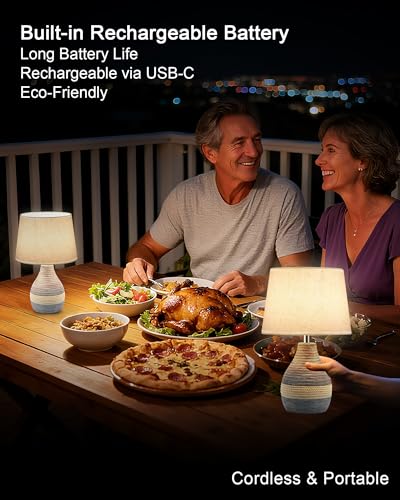 UMEXUS 13" Small Ceramic Cordless Table Lamp, Rechargeable Battery, Coastal | Timer, Dimmer, Linen Shade, Remote Control RGB & Warm Lights, Farmhouse Home Decor Kitchen Counter Living Room Side Table - size: Small-13"H-Rope accent design