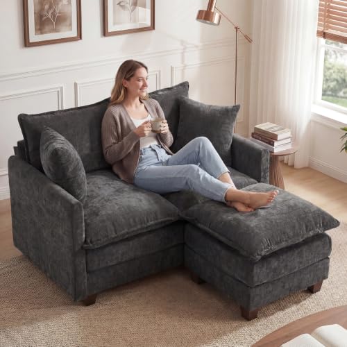 50'' L-Shape Loveseat Sofa with 22" Ottoman, 2 Seat Modern Cloud Couch with 2 Washable Pillows for Small Space Apartment Office Living Room Bedroom, Grey - color: Grey, size: 50"L