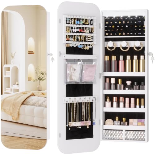6 LEDs Mirror Jewelry Cabinet Door Hanging, 42.5", Lockable, White | Jewelry Organizer with Full Length Mirror, Wall Mounted Large Jewelry Storage for Earrings, Rings, Necklaces - color: White