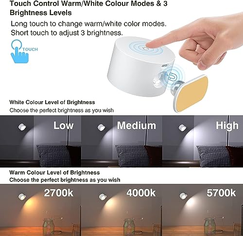 Deyagoo LED Wall Sconce, Rechargeable Wall Light with Remote-White | 3 Colors, Dimmable, Magnetic Rotating Head, 360 Degree Rotate - color: A-White